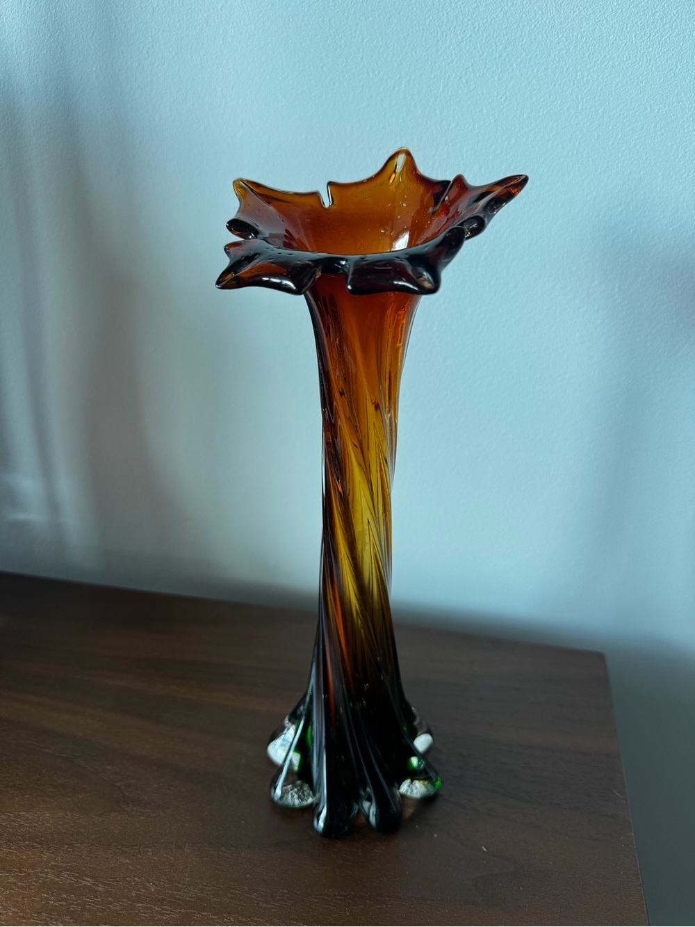 Hand-Blown Amber and Olive Glass Art Vase